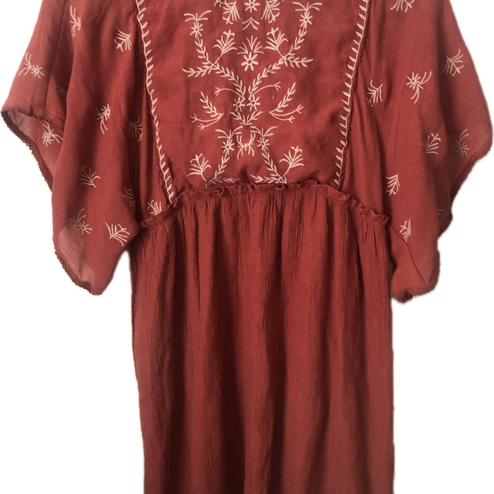 Bo Ho Boho Mini Dress  Rust color  elastic waist draped sleeves embroidered